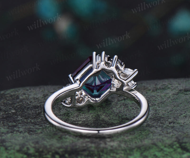 Asscher cut alexandrite engagement ring white gold cluster diamond promise wedding ring women color change gemstone ring