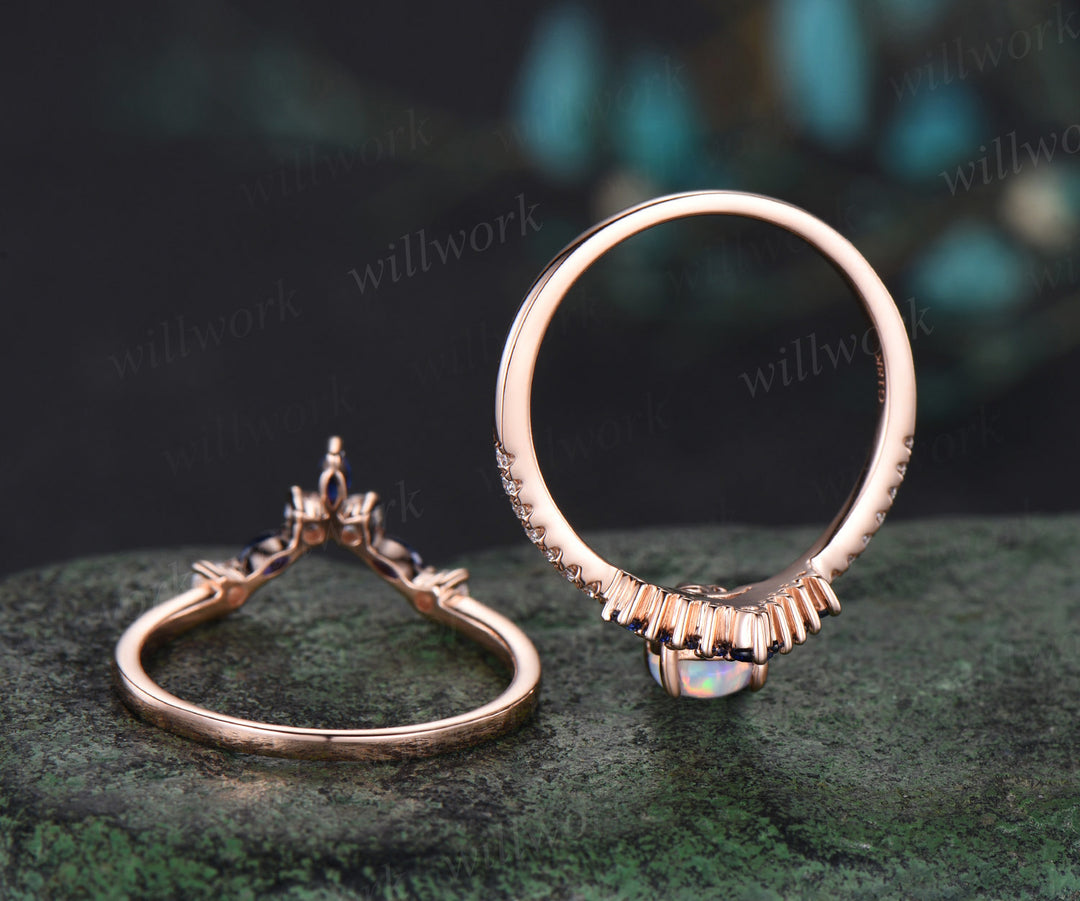 Vintage 5x7mm pear opal engagement ring ret 4 prongs opal half eternity diamond ring curved sapphire diamond wedding band