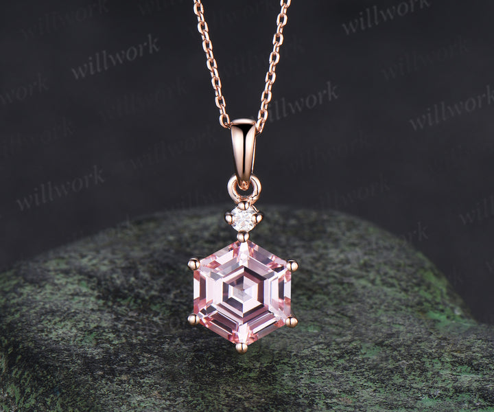 Hexagon Padparadscha sapphire necklace minimalist pink sapphire moissanite pendant necklace birthday anniversary gifts