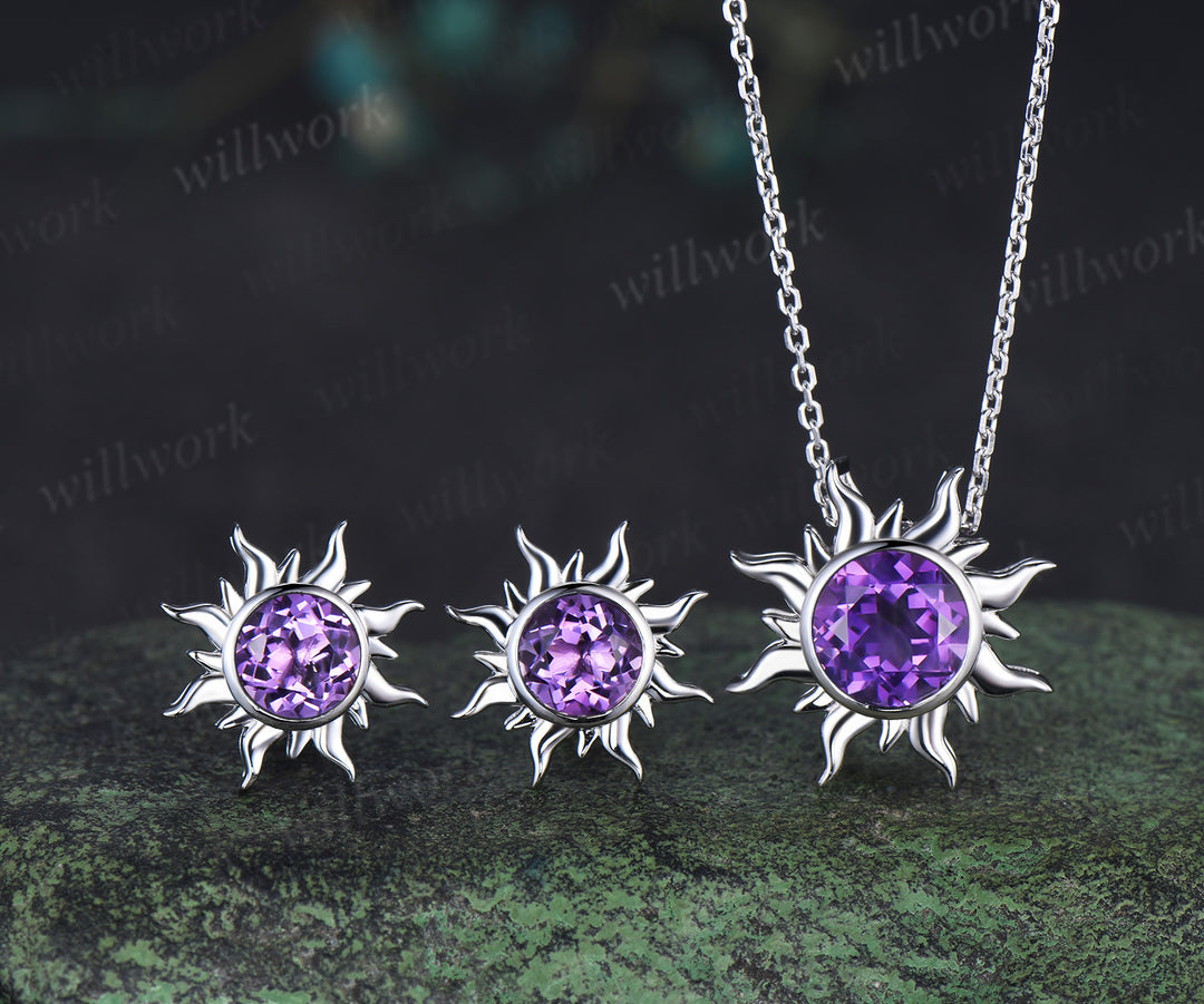 Round amethyst sun stud earrings & purple amethyst necklace set Rapunzel inspired crystal jewelry set February birthstone gifts for her
