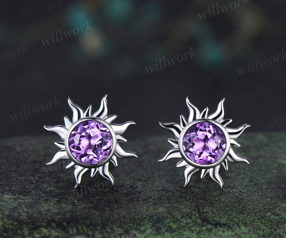 Round amethyst sun stud earrings & purple amethyst necklace set Rapunzel inspired crystal jewelry set February birthstone gifts for her