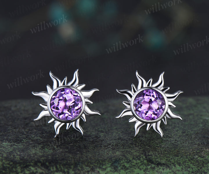 Round amethyst sun stud earrings & purple amethyst necklace set Rapunzel inspired crystal jewelry set February birthstone gifts for her