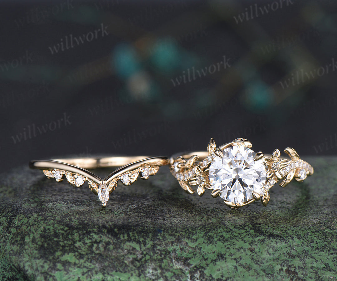 8mm round IGI Certified Diamond Lab grown diamond ring set 14k yellow gold flower engagement ring curved wedding band nature vines bridal set