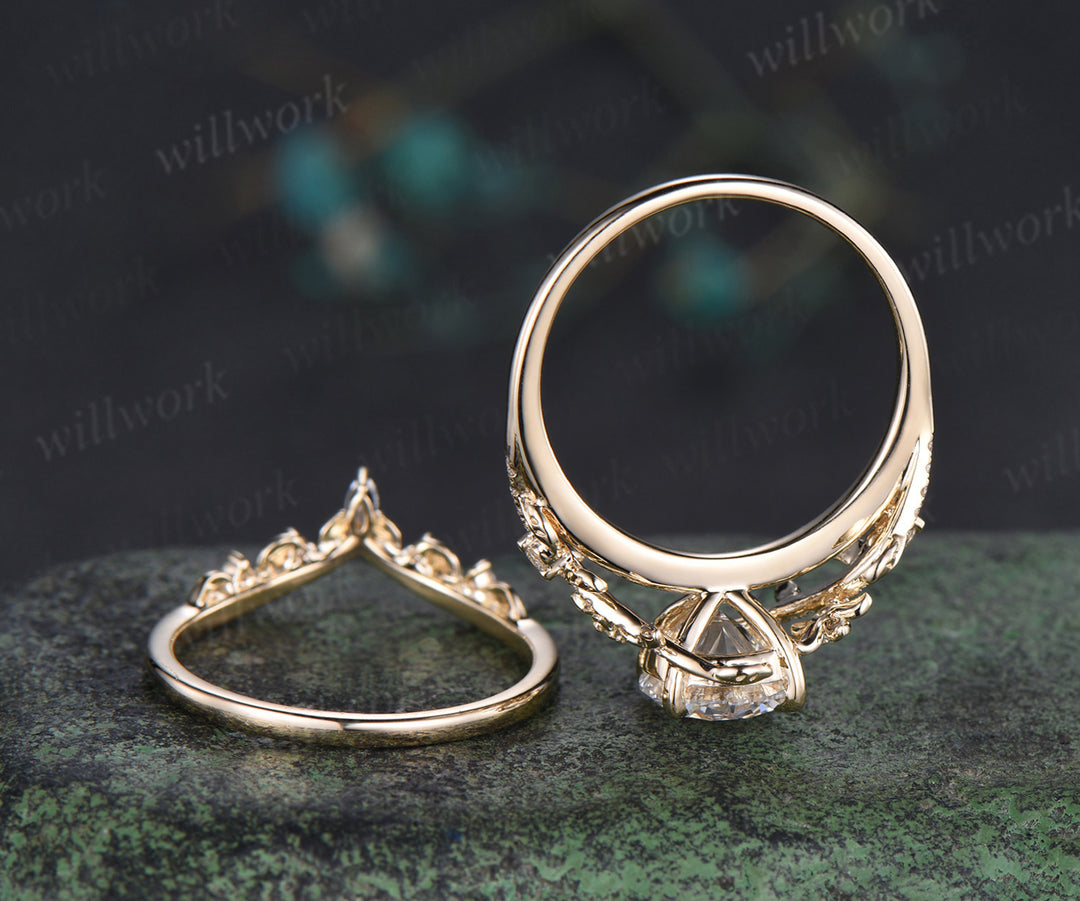 8mm round IGI Certified Diamond Lab grown diamond ring set 14k yellow gold flower engagement ring curved wedding band nature vines bridal set