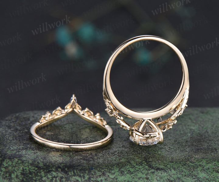 8mm round IGI Certified Diamond Lab grown diamond ring set 14k yellow gold flower engagement ring curved wedding band nature vines bridal set