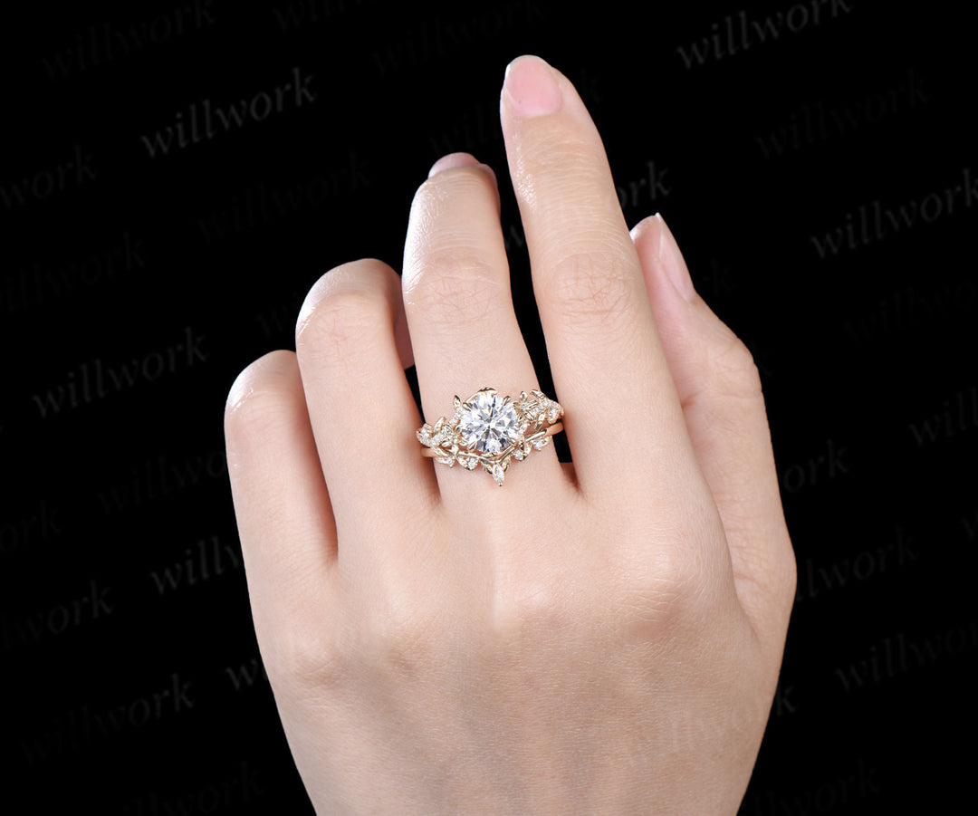 8mm round IGI Certified Diamond Lab grown diamond ring set 14k yellow gold flower engagement ring curved wedding band nature vines bridal set