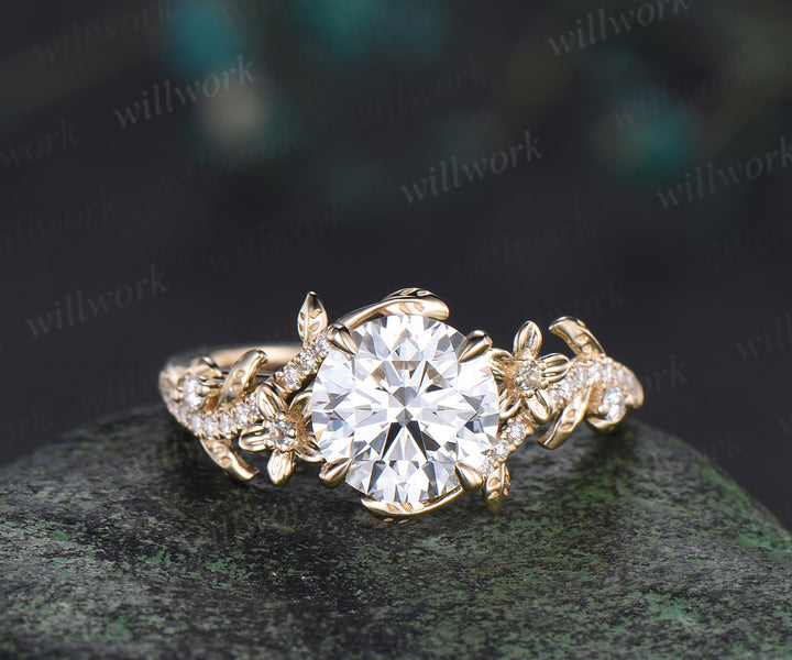 8mm round IGI Certified Diamond Lab grown diamond ring set 14k yellow gold flower engagement ring curved wedding band nature vines bridal set