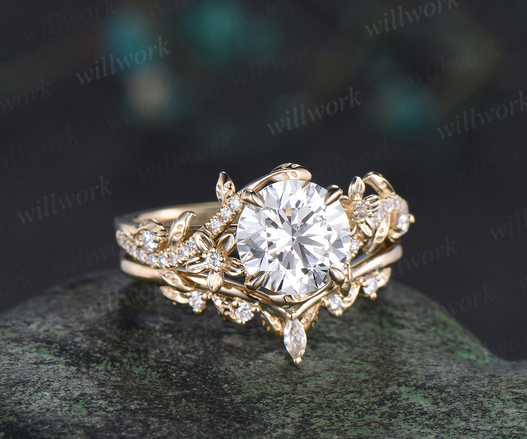 8mm round IGI Certified Diamond Lab grown diamond ring set 14k yellow gold flower engagement ring curved wedding band nature vines bridal set