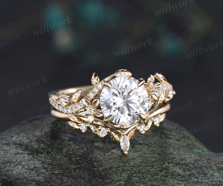 8mm round IGI Certified Diamond Lab grown diamond ring set 14k yellow gold flower engagement ring curved wedding band nature vines bridal set