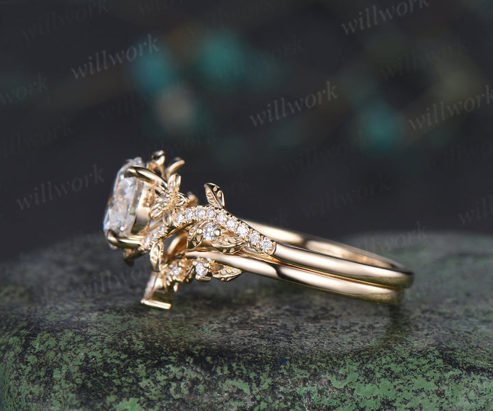8mm round IGI Certified Diamond Lab grown diamond ring set 14k yellow gold flower engagement ring curved wedding band nature vines bridal set