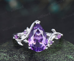 8x12mm pear cut natural amethyst engagement ring vintage twig leaf vine bridal ring February birthstone gifts