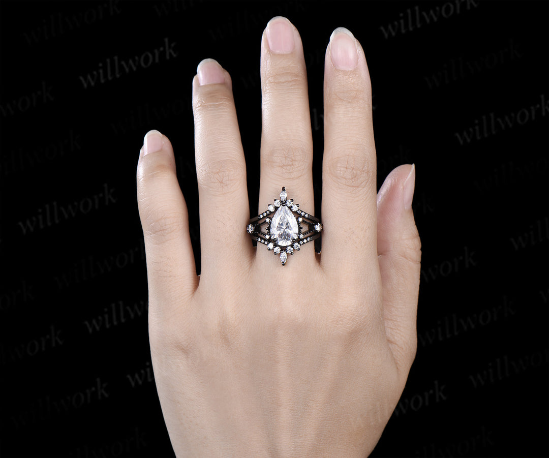 8x12mm pear cut moissanite engagement ring set unique 3 piece split shank milgrain black gold bridal set