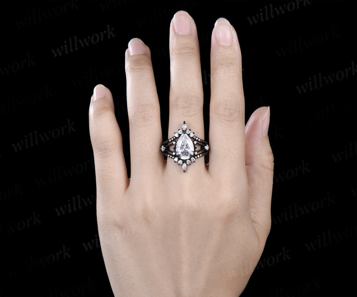 8x12mm pear cut moissanite engagement ring set unique 3 piece split shank milgrain black gold bridal set
