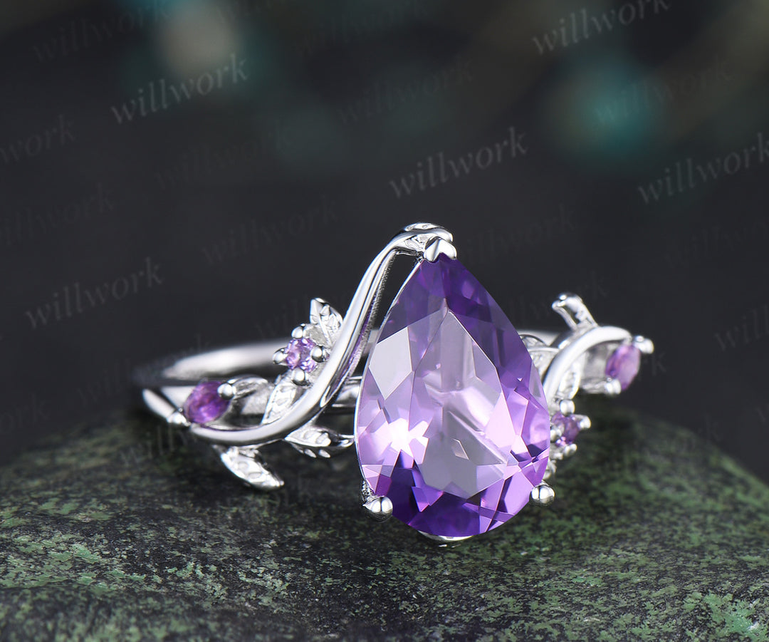 8x12mm pear cut natural amethyst engagement ring vintage twig leaf vine bridal ring February birthstone gifts