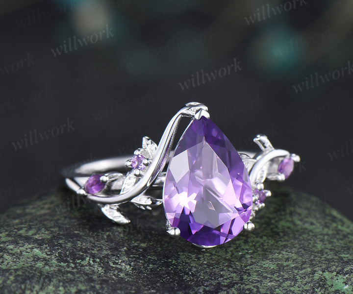 8x12mm pear cut natural amethyst engagement ring vintage twig leaf vine bridal ring February birthstone gifts