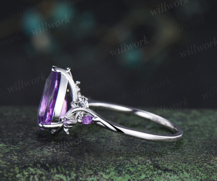 8x12mm pear cut natural amethyst engagement ring vintage twig leaf vine bridal ring February birthstone gifts
