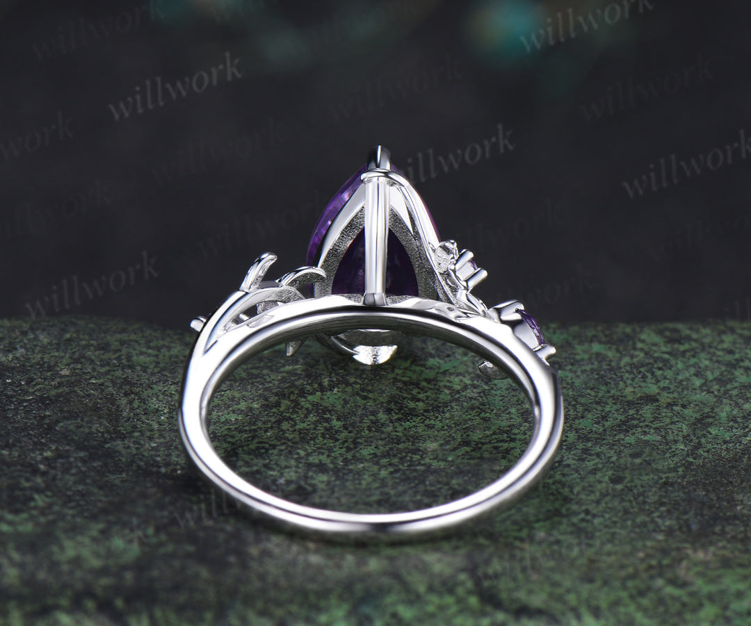 8x12mm pear cut natural amethyst engagement ring vintage twig leaf vine bridal ring February birthstone gifts