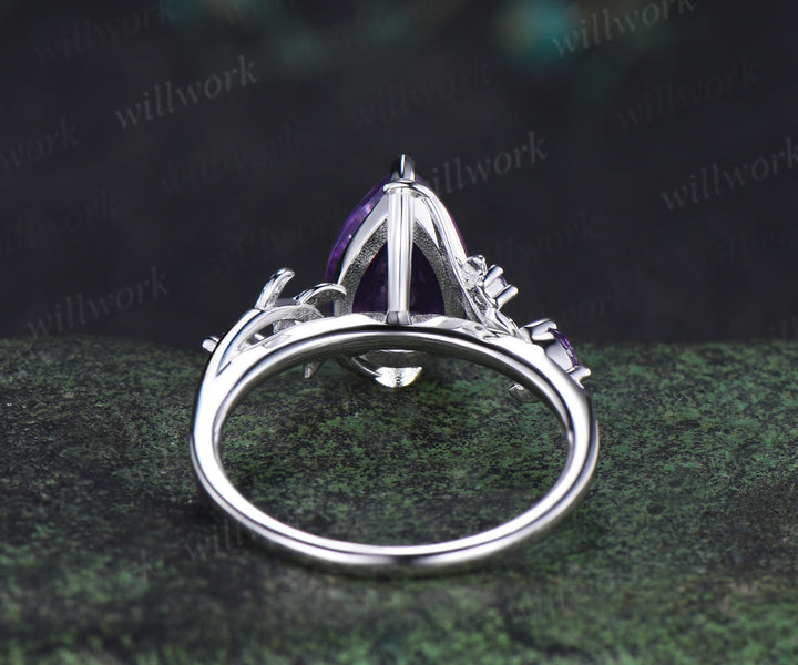 8x12mm pear cut natural amethyst engagement ring vintage twig leaf vine bridal ring February birthstone gifts