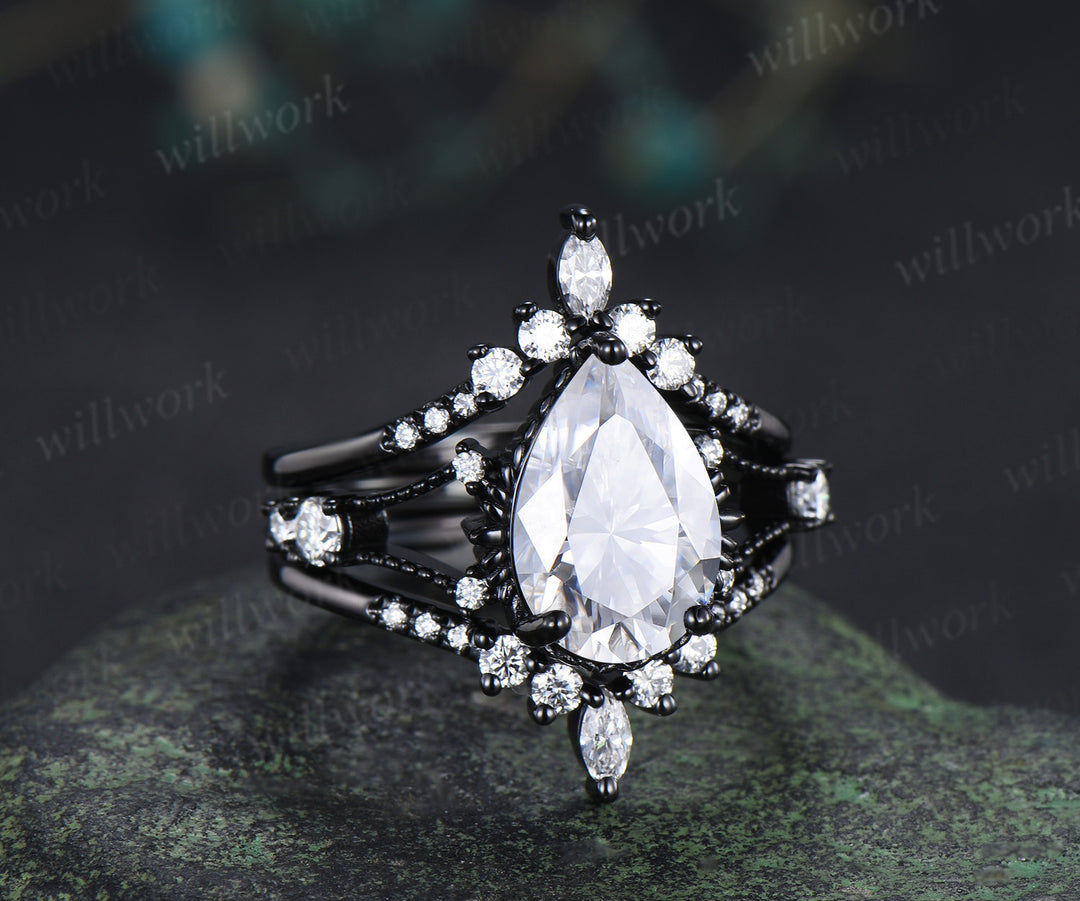 8x12mm pear cut moissanite engagement ring set unique 3 piece split shank milgrain black gold bridal set