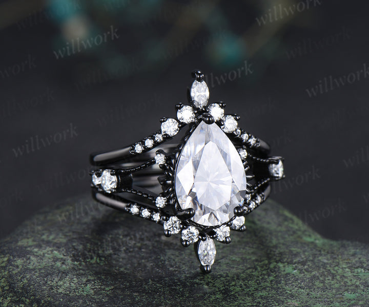 8x12mm pear cut moissanite engagement ring set unique 3 piece split shank milgrain black gold bridal set