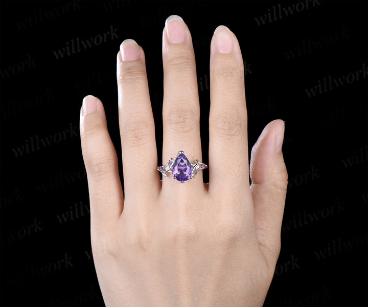 8x12mm pear cut natural amethyst engagement ring vintage twig leaf vine bridal ring February birthstone gifts