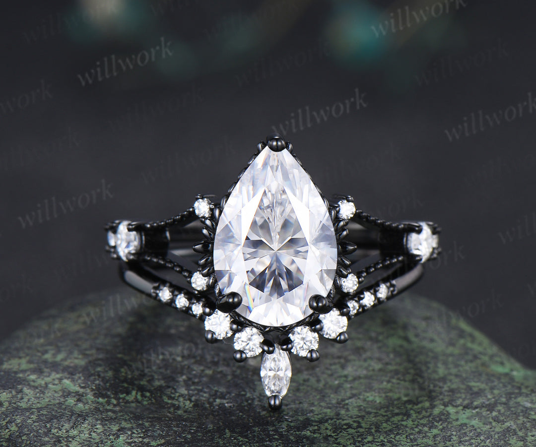 8x12mm pear cut moissanite engagement ring set unique 3 piece split shank milgrain black gold bridal set