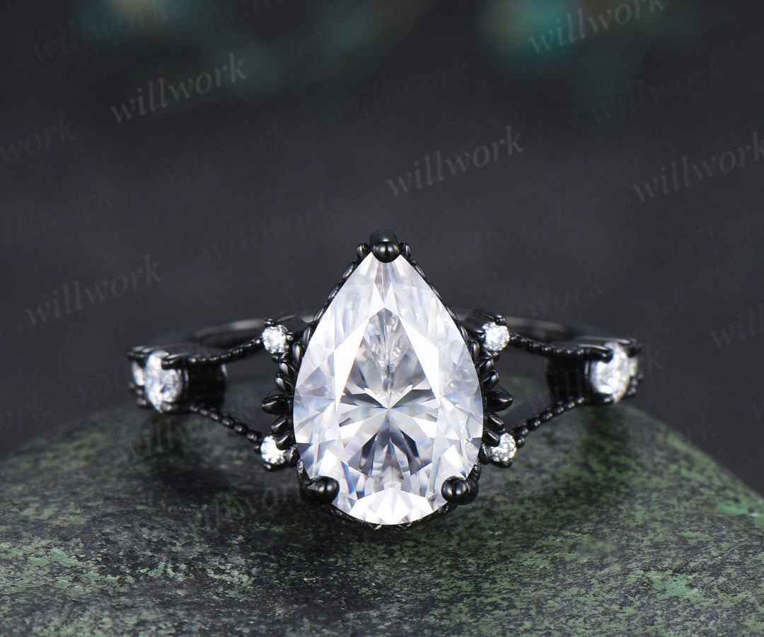 8x12mm pear cut moissanite engagement ring set unique 3 piece split shank milgrain black gold bridal set
