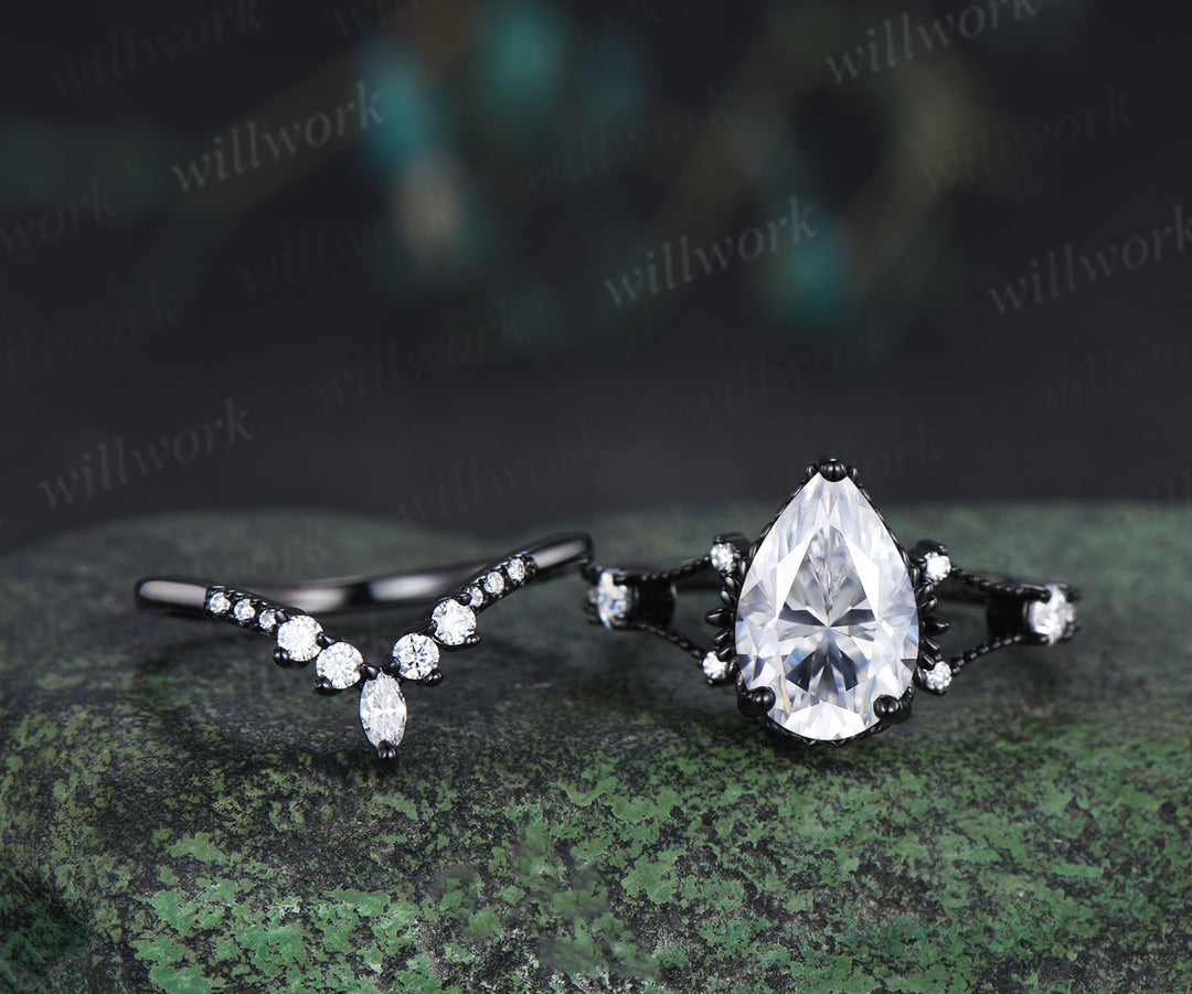 8x12mm pear cut moissanite engagement ring set unique 3 piece split shank milgrain black gold bridal set