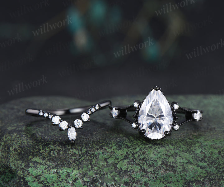 8x12mm pear cut moissanite engagement ring set unique 3 piece split shank milgrain black gold bridal set