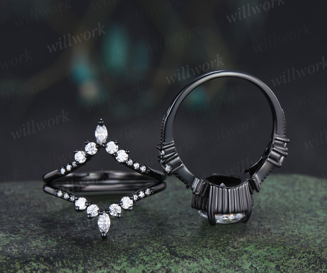 8x12mm pear cut moissanite engagement ring set unique 3 piece split shank milgrain black gold bridal set