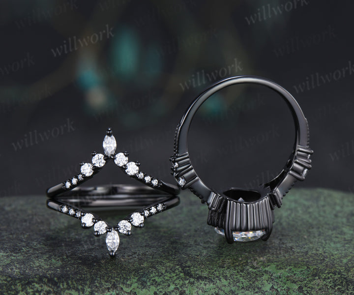 8x12mm pear cut moissanite engagement ring set unique 3 piece split shank milgrain black gold bridal set