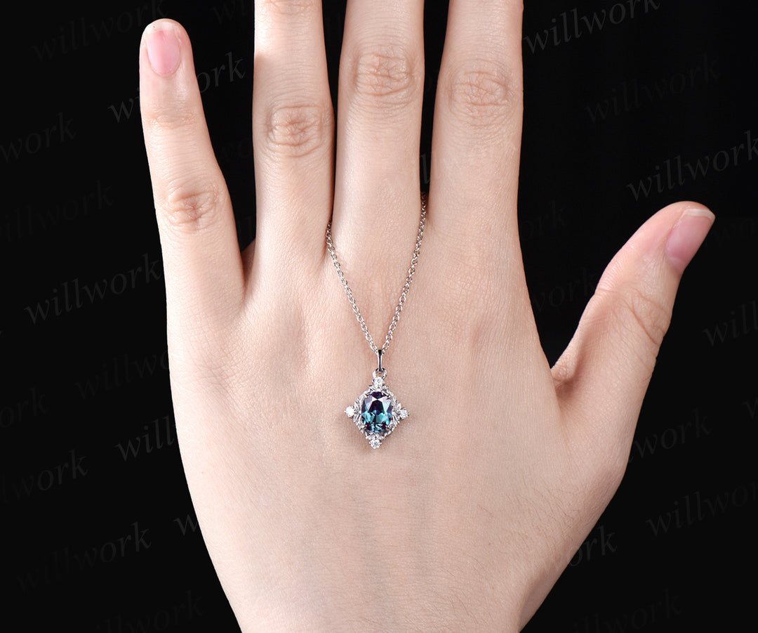 Oval alexandrite nature inspired leaf pendant necklace art deco moissanites diamonds necklace dainty sterling silver necklace for women gifts for her
