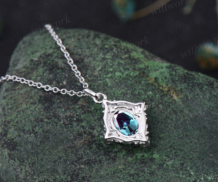 Oval alexandrite nature inspired leaf pendant necklace art deco moissanites diamonds necklace dainty sterling silver necklace for women gifts for her