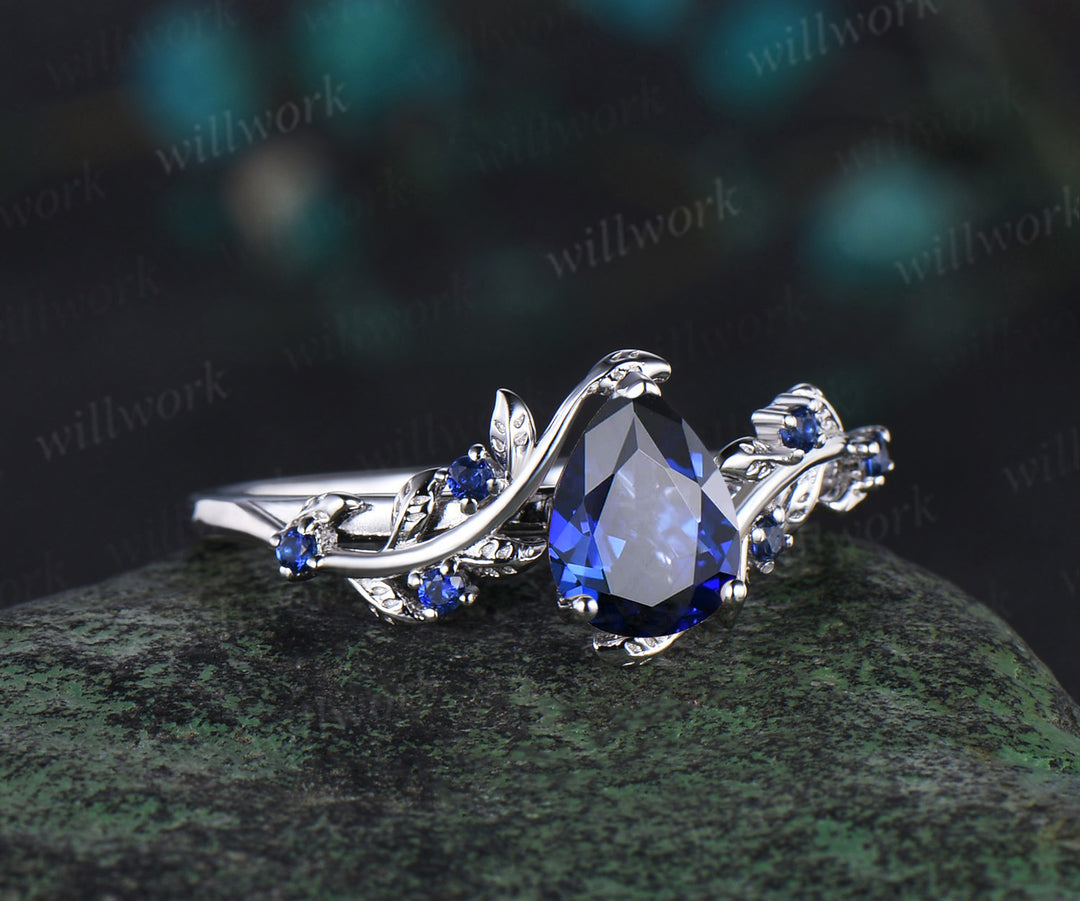 Vintage pear cut sapphire engagement ring nature inspired twig leaf 7 stone September birthstone wedding bridal ring women gift