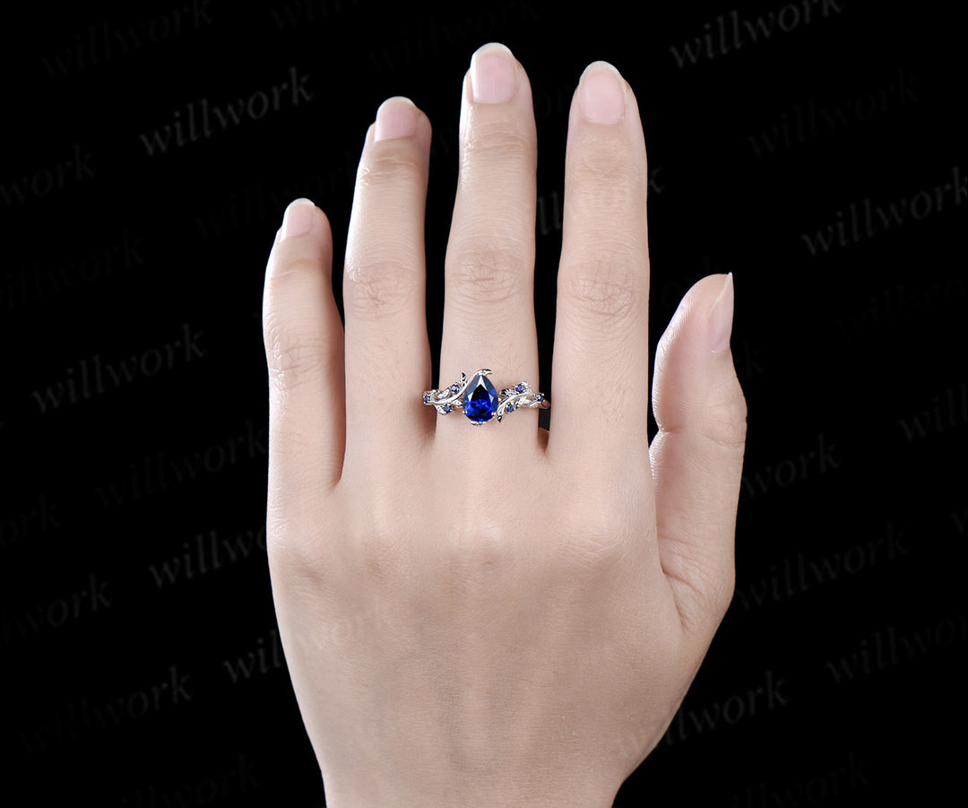Vintage pear cut sapphire engagement ring nature inspired twig leaf 7 stone September birthstone wedding bridal ring women gift