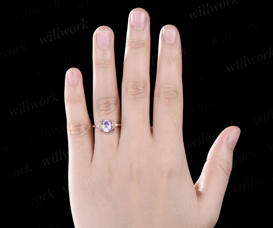 Oval Lavender Amethyst engagement ring retro moon Opal moissanite deco ring 14k yellow gold unique crescent promise ring jewelry gifts