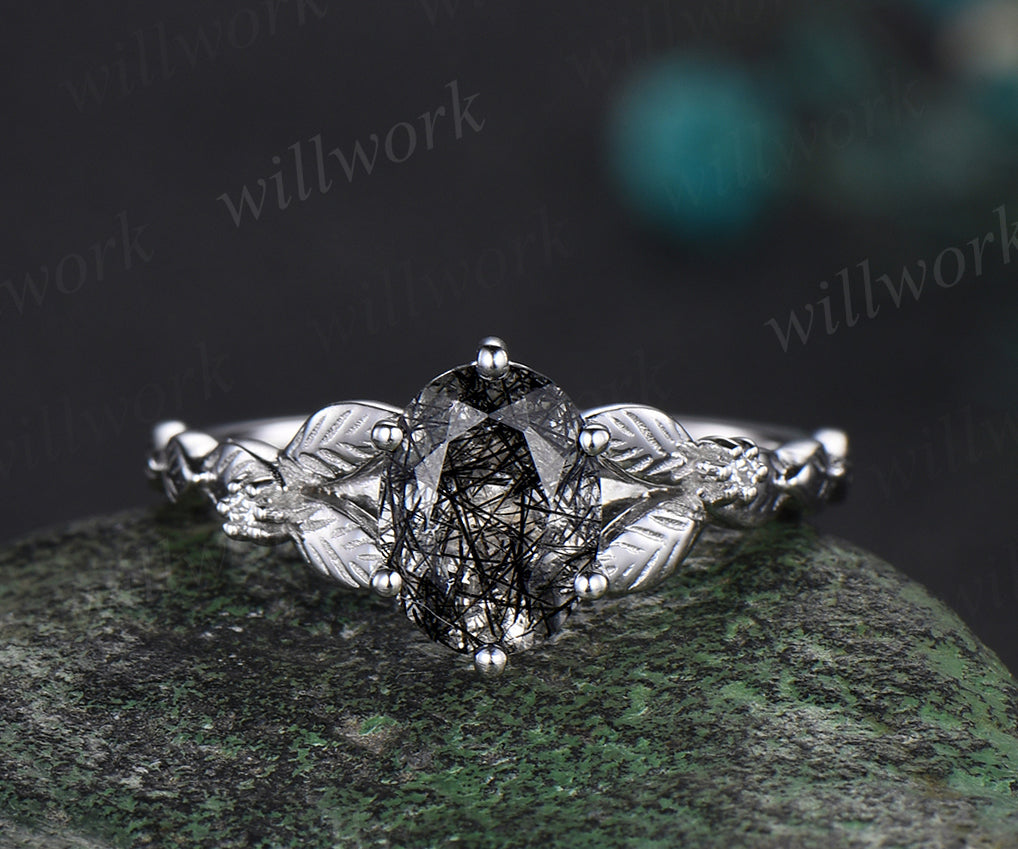 Oval cut black rutilated quartz engagement ring set white gold leaf nature inspired bridal wedding ring set women