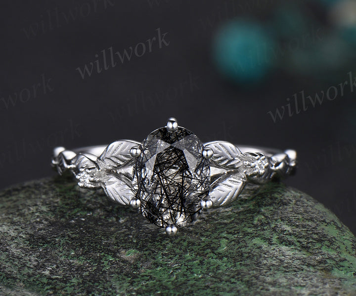 Oval cut black rutilated quartz engagement ring set white gold leaf nature inspired bridal wedding ring set women