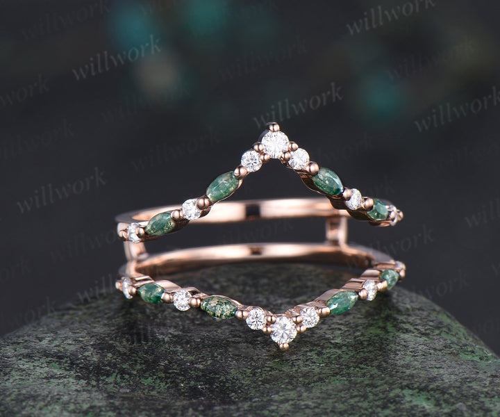 Double curved moss agate moissanite wedding band enhancer 14K rose gold unique stackable ring bridal gifts