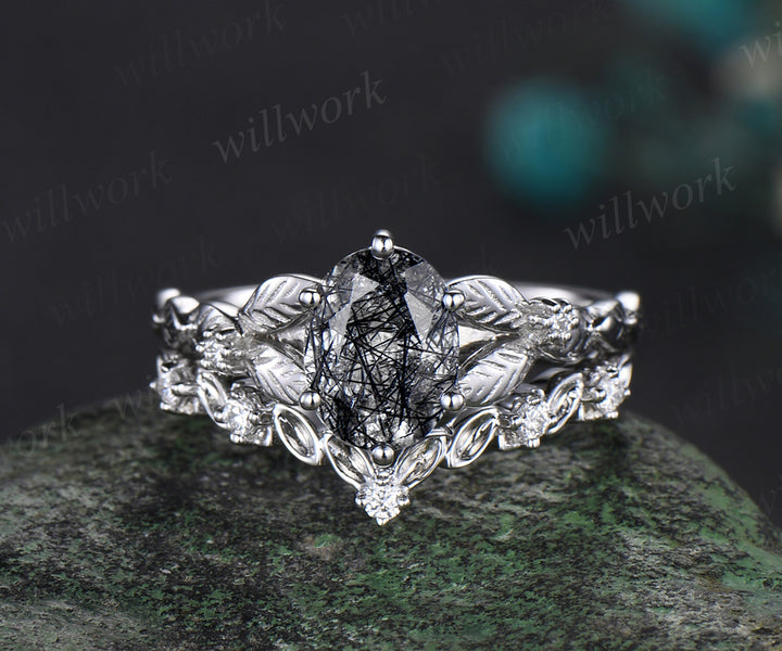 Oval cut black rutilated quartz engagement ring set white gold leaf nature inspired bridal wedding ring set women