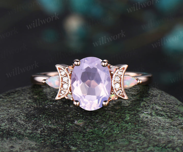 Oval Lavender Amethyst engagement ring retro moon Opal moissanite deco ring 14k yellow gold unique crescent promise ring jewelry gifts