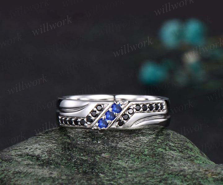 Unique Mens Blue Sapphire Wedding Band Round Cut Band 5mm Solid Gold Ring Mens Black Onyx Handsome Man Rings Matching Band Ring Gift