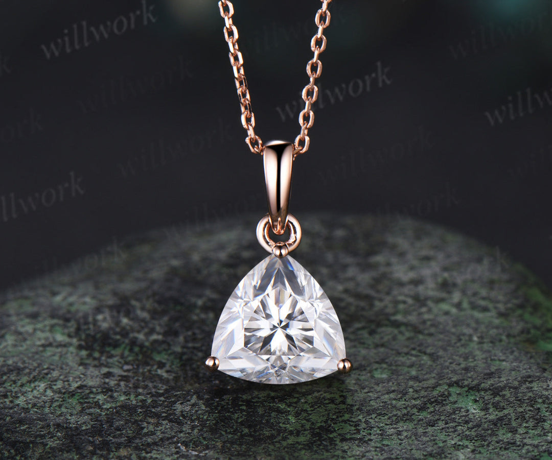 Dainty 2ct Trillion Cut Moissanite Necklace Unique 14k rose gold Solitaire Pendant Minimalist Engagement Necklace women