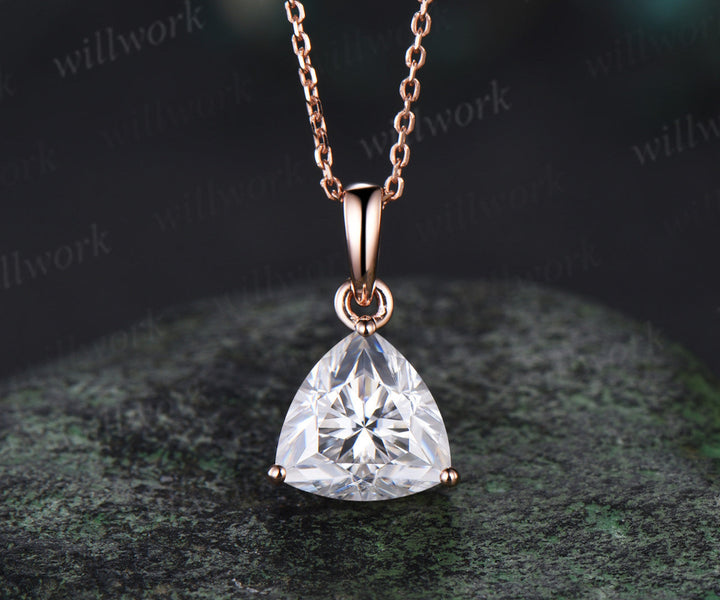 Dainty 2ct Trillion Cut Moissanite Necklace Unique 14k rose gold Solitaire Pendant Minimalist Engagement Necklace women