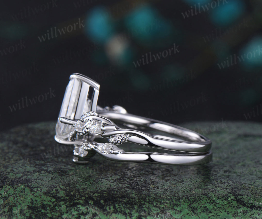 Kite cut moissanite engagement ring white gold five stone leaf twisted diamond promise bridal ring set women