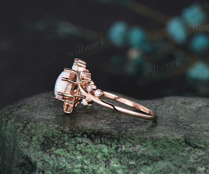 Hexagon white opal engagement ring rose gold twisted leaf moon diamond ring vintage October birthstone anniversary ring women