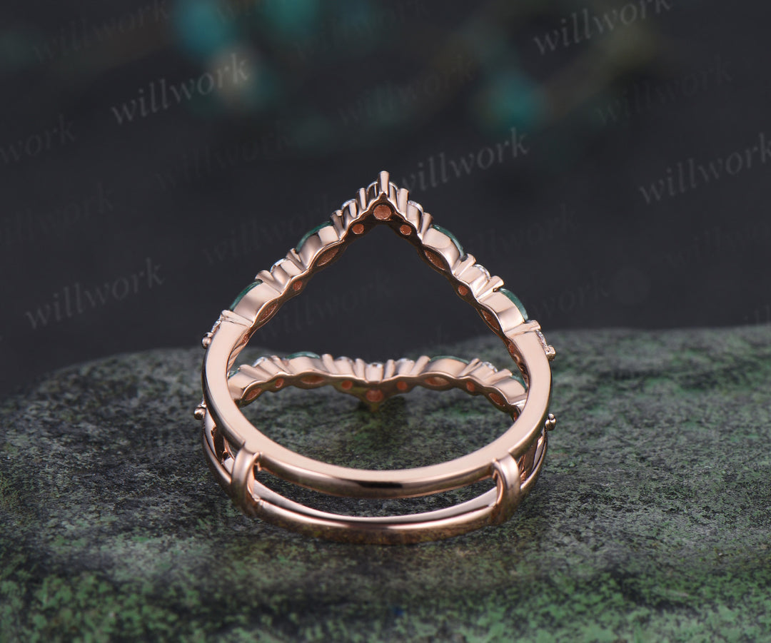 Double curved moss agate moissanite wedding band enhancer 14K rose gold unique stackable ring bridal gifts