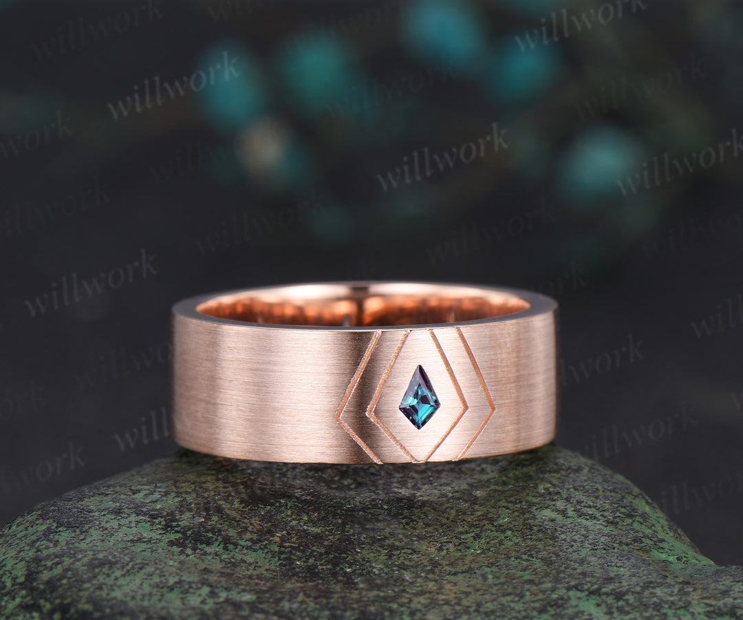 Kite Cut Alexandrite Men Wedding Band 14K Rose Gold 8mm Men Engagement Ring Brushed Finished Band Mens Stacking Band Promise Ring