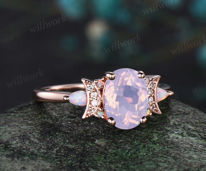 Oval Lavender Amethyst engagement ring retro moon Opal moissanite deco ring 14k yellow gold unique crescent promise ring jewelry gifts