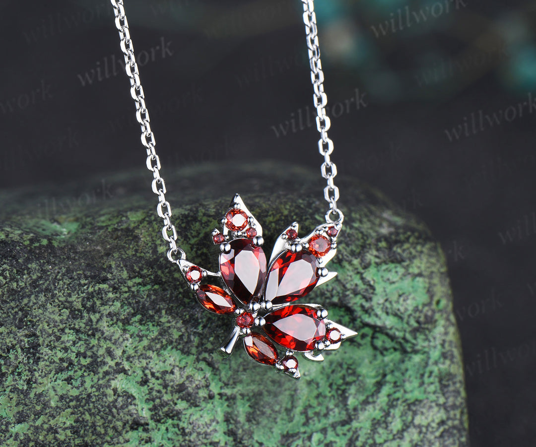 Pear garnet maple leaf pendant nature inspired 14k white gold/sterling silver necklace graduation birthday gifts for women